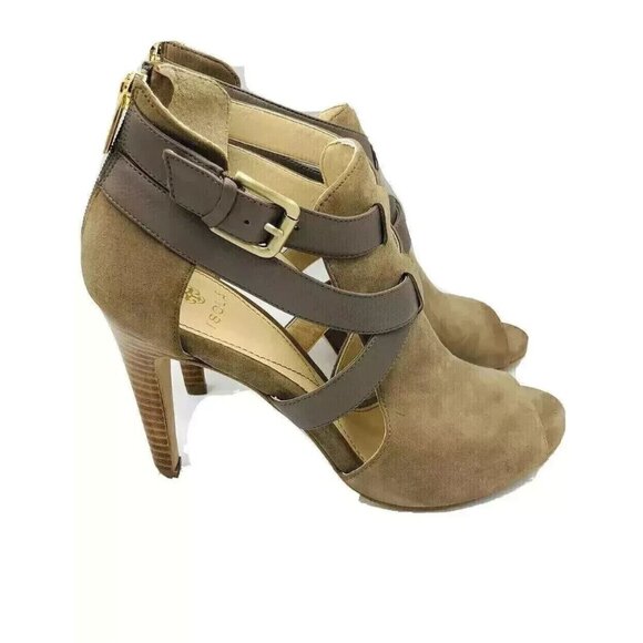 Isola Shoes Womens Size 10 M Tan High Heel Back Zip Suede Open Toe Elegant Dress